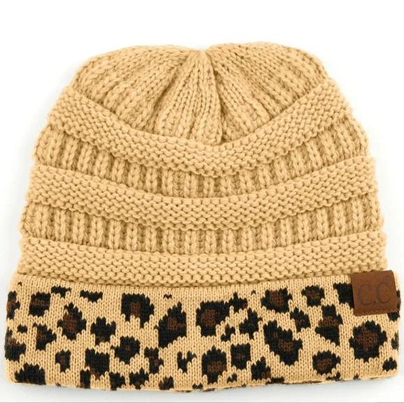 CC Matching Cuff Leopard Print Beanie - Camel - Picture 1 of 5